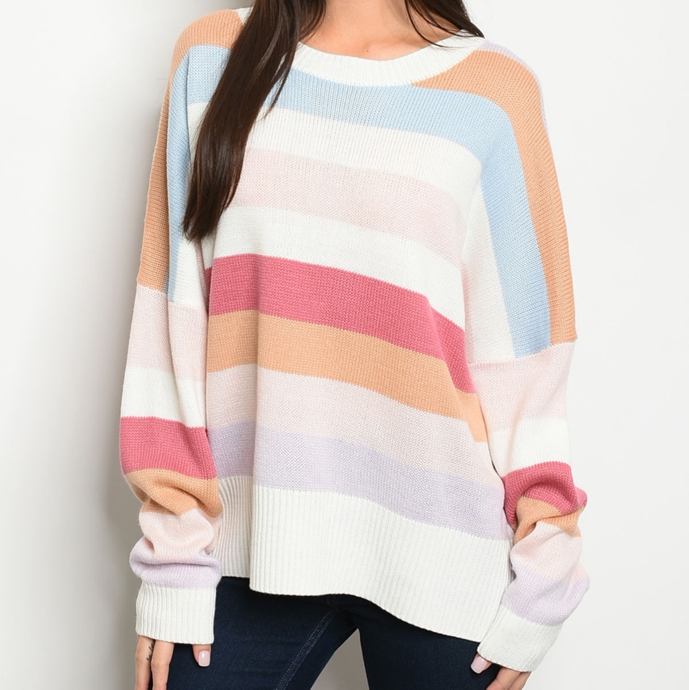 Candy Crush Sweater Long Sleeves Round Neck Striped Soft Oversized Sm And